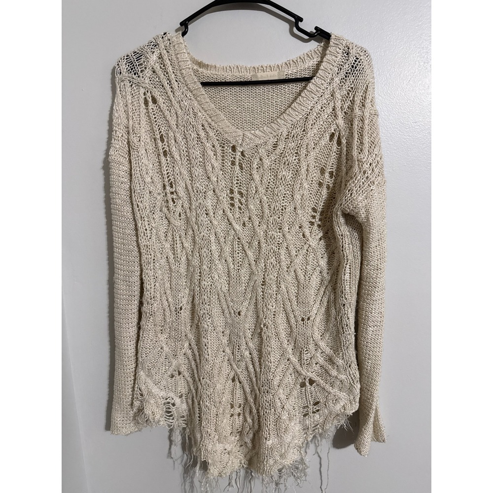 Altar'd State Cream Distressed Cable Knit V-Neck Sweater Frayed Hem PW173049AS S